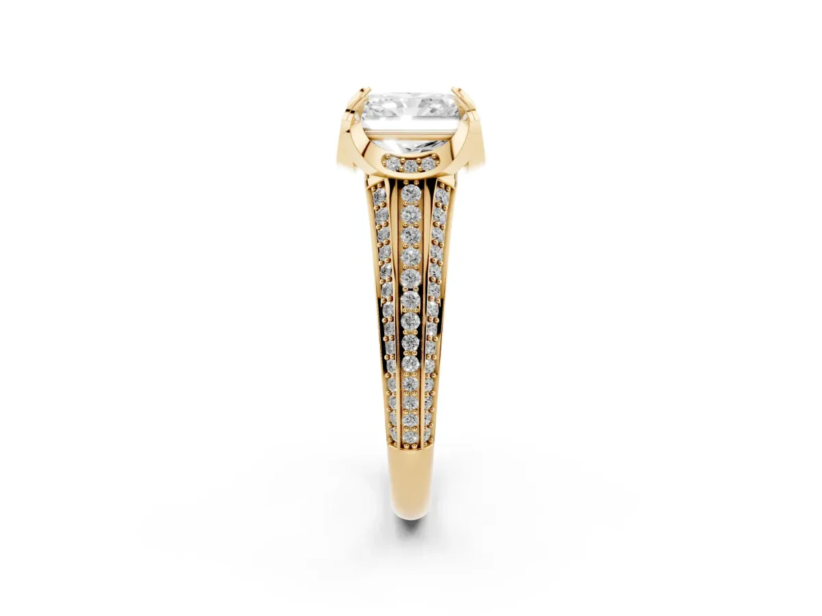 Radiant Cut Solitaire Pave Split Shank Ring with Four-Prong Setting Yellow gold