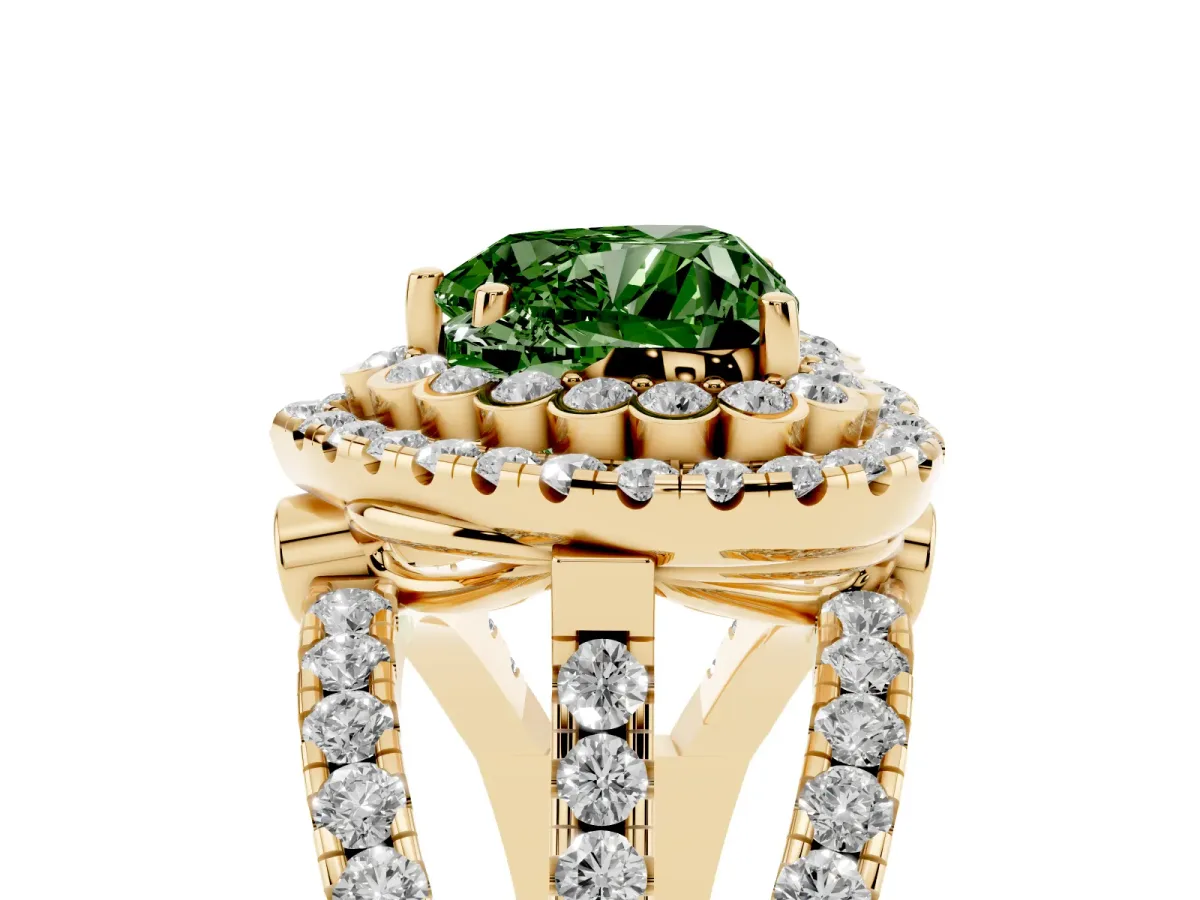 Fancy Green Heart Cut Diamond Double Halo Ring with Round Pavé Split Shank and Prong Setting Yellow gold