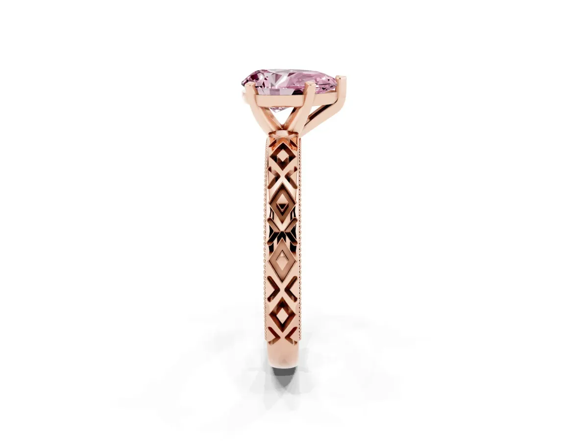 Fancy Pink Pear Cut Solitaire Diamond Ring with Milgrain and Black Enamel X Pattern Band Rose gold
