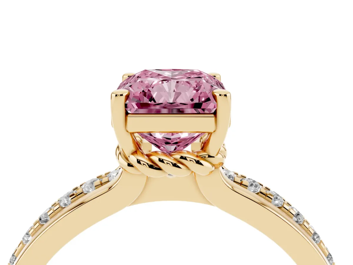 Fancy Pink Radiant Cut Solitaire Diamond Ring with Channel Set Band and Six-Prong Setting Yellow gold