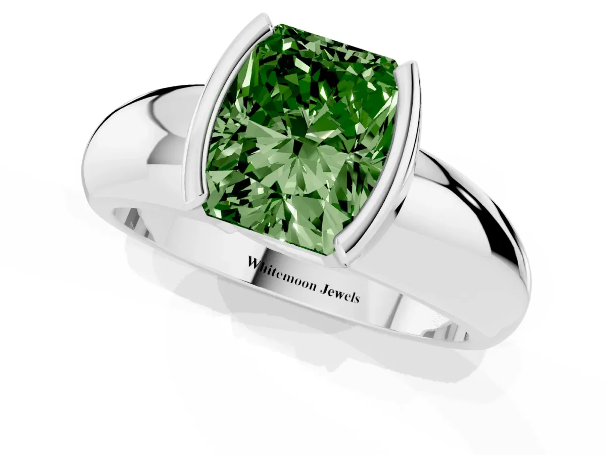 Fancy Green Radiant Cut Solitaire Tension Set Diamond Ring with Wide Band Silver