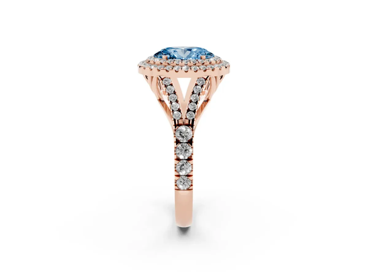 Fancy Blue Double Halo Oval Cut Diamond Split Shank Engagement Ring with Four-Prong Setting Rose gold