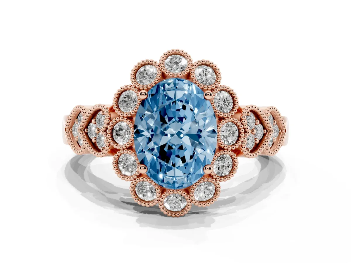 Fancy Blue Oval Cut Brilliant Milgrain Pave Heart Band Solitaire Ring Rose gold