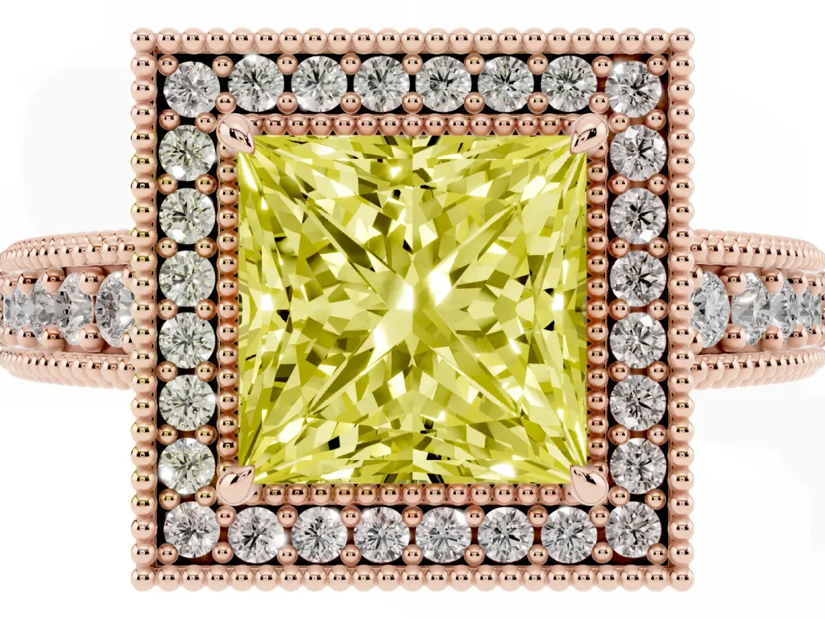 Fancy Yellow Princess Cut Cut Halo Diamond Ring with Pavé Band and Four-Prong Setting Rose gold