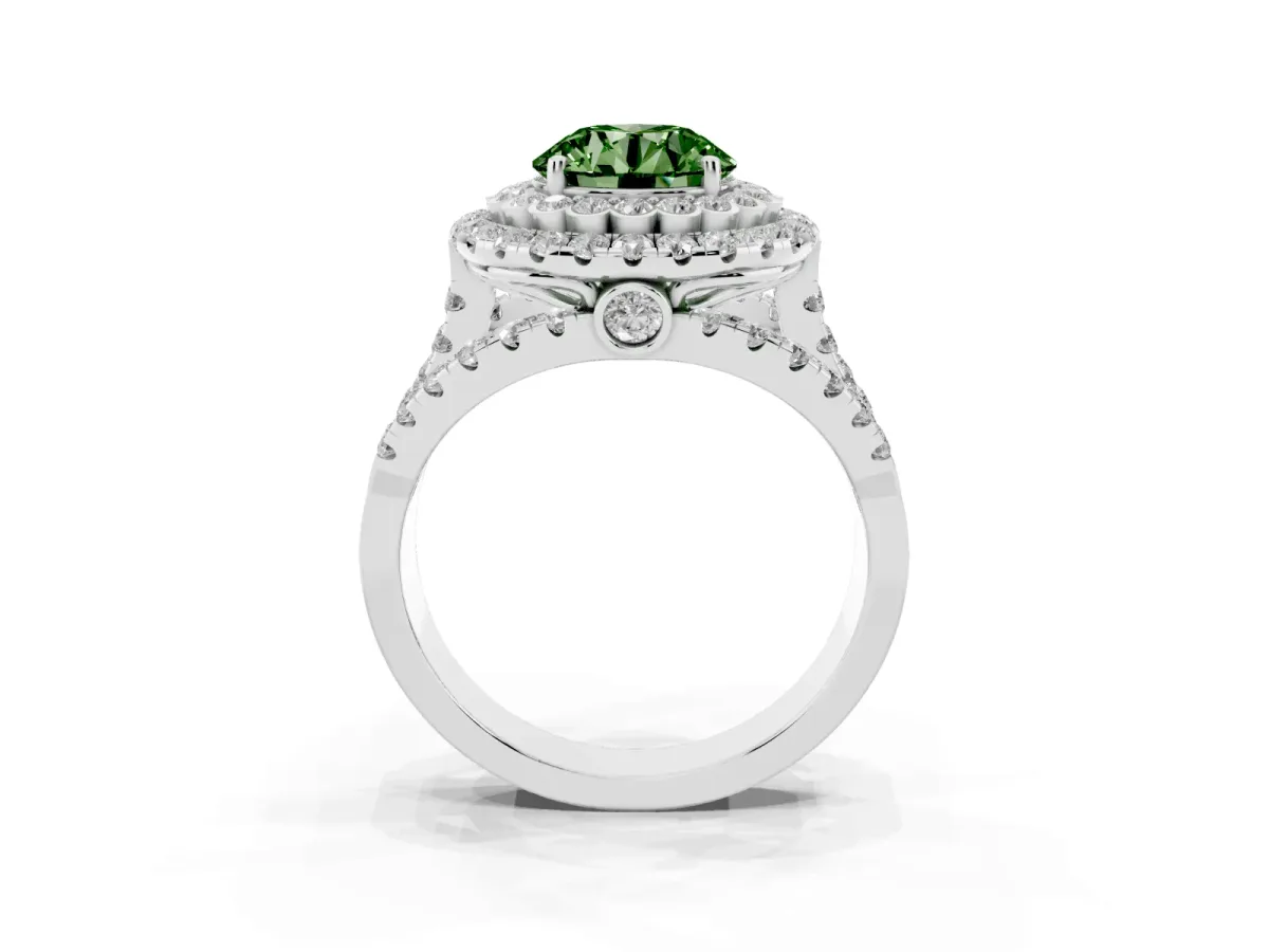 Fancy Green Round Cut Diamond Double Halo Ring with Round Pavé Split Shank and Prong Setting Silver
