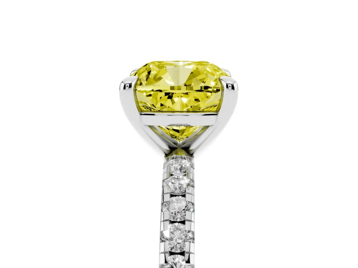 Fancy Yellow Cushion Cut Diamond Brilliant Solitaire Ring with Pavé Band and Four-Prong Setting Platinum
