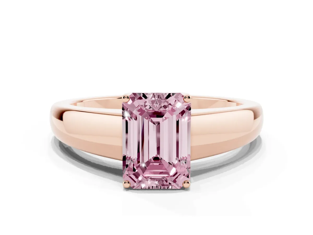 Fancy Pink Emerald Cut Solitaire Diamond Ring with Tapered Band and Four-Prong Setting Rose gold