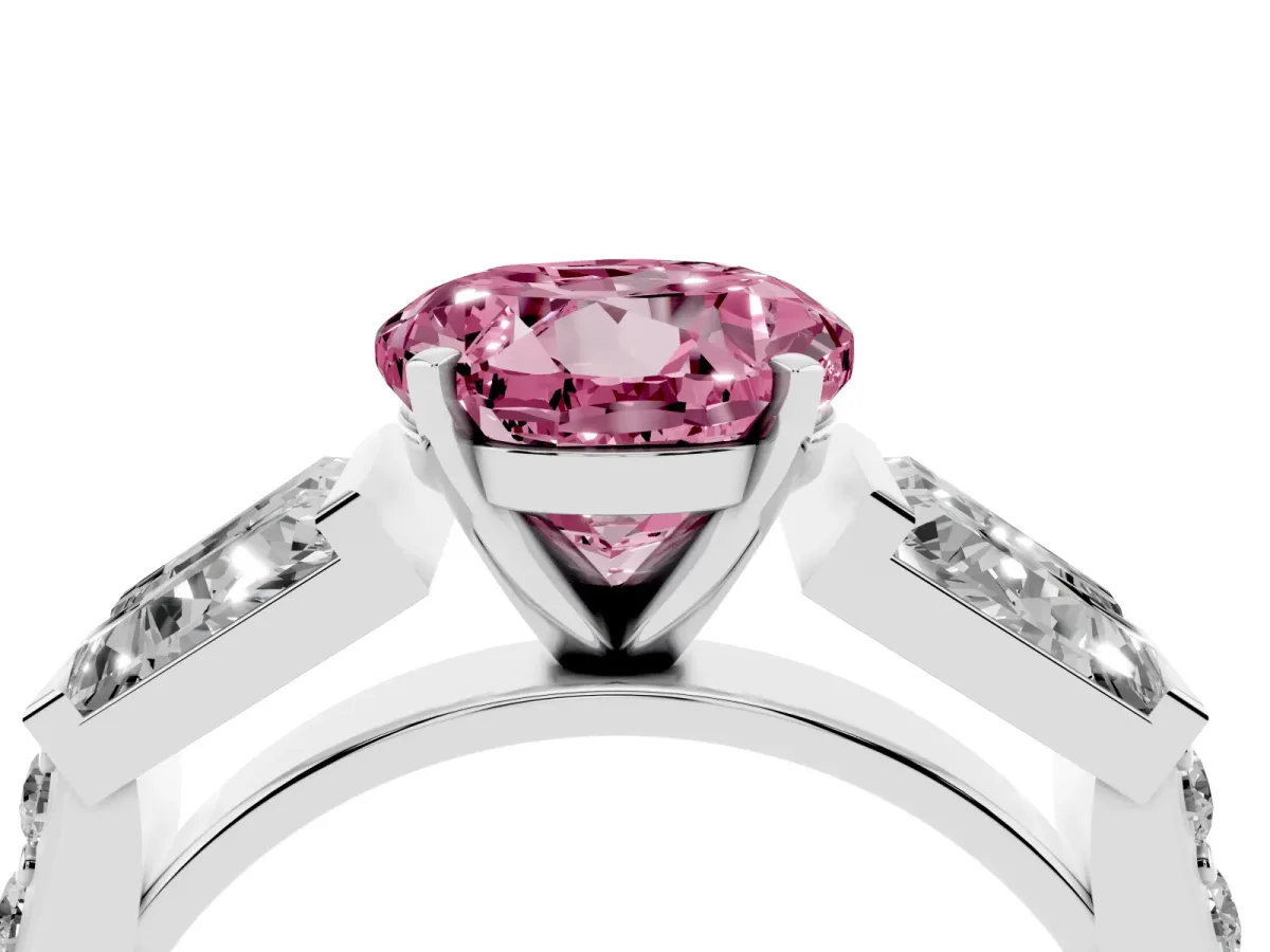Fancy Pink Round Cut Diamond Engagement Ring with Baguette Side Stones and Channel Set Band Silver