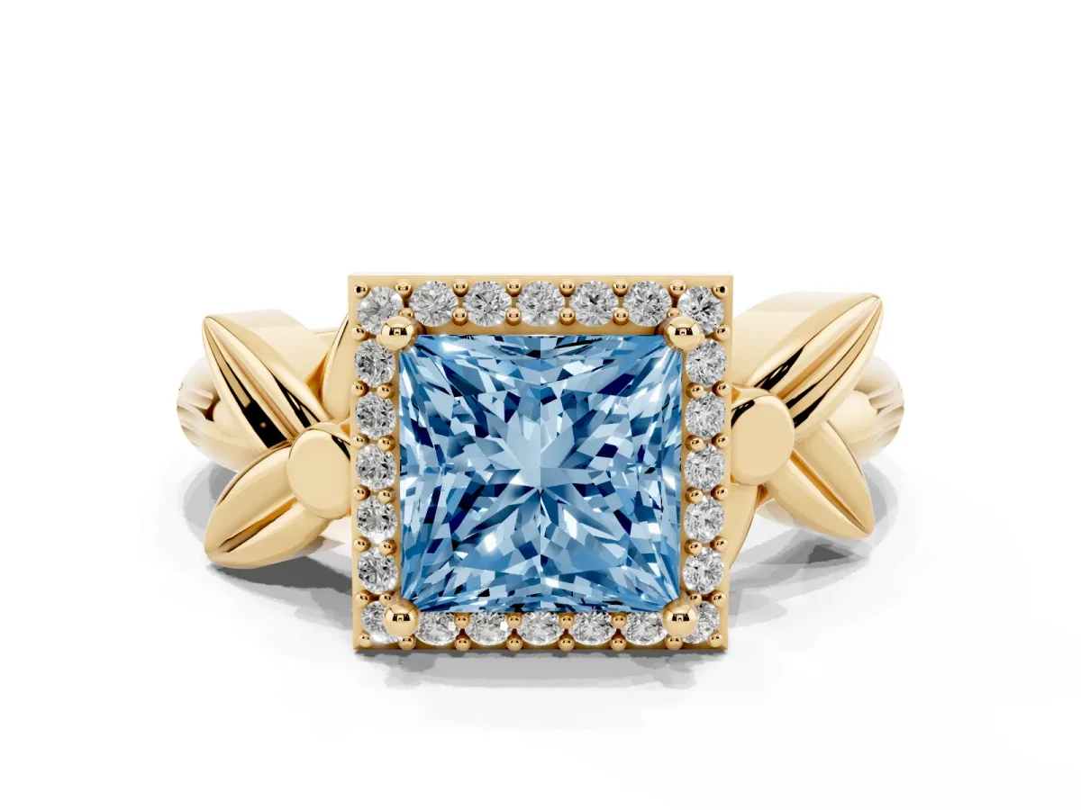 Fancy Blue Princess Cut Halo Diamond Floral Band with Four-Prong Setting Yellow gold