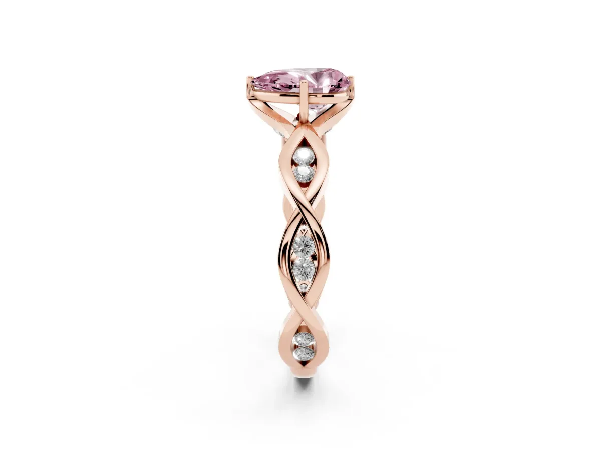Fancy Pink Pear Cut Solitaire Twist Band with Leaf Prong Setting Rose gold