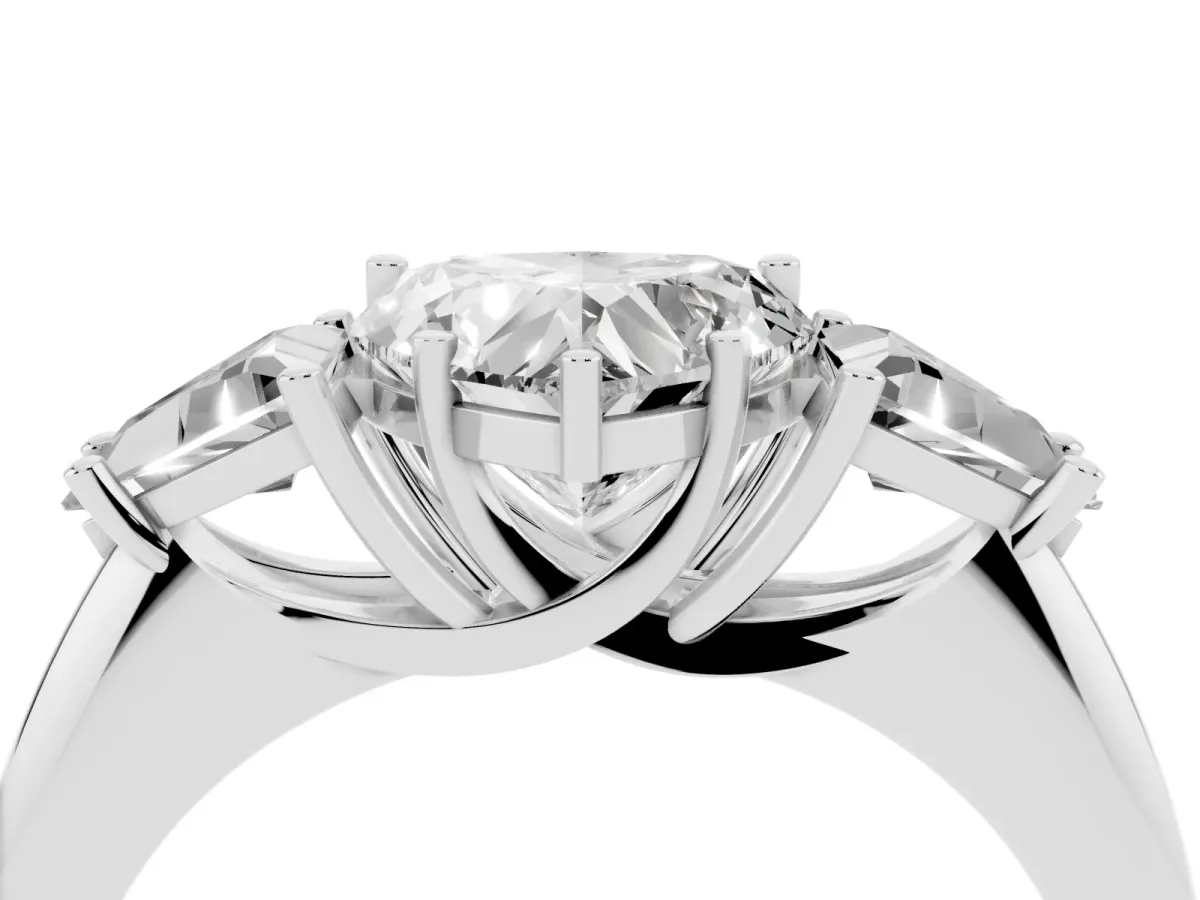 Three-Stone Heart Cut Diamond Engagement Ring with Trillion Side Stones and Prong Setting Silver