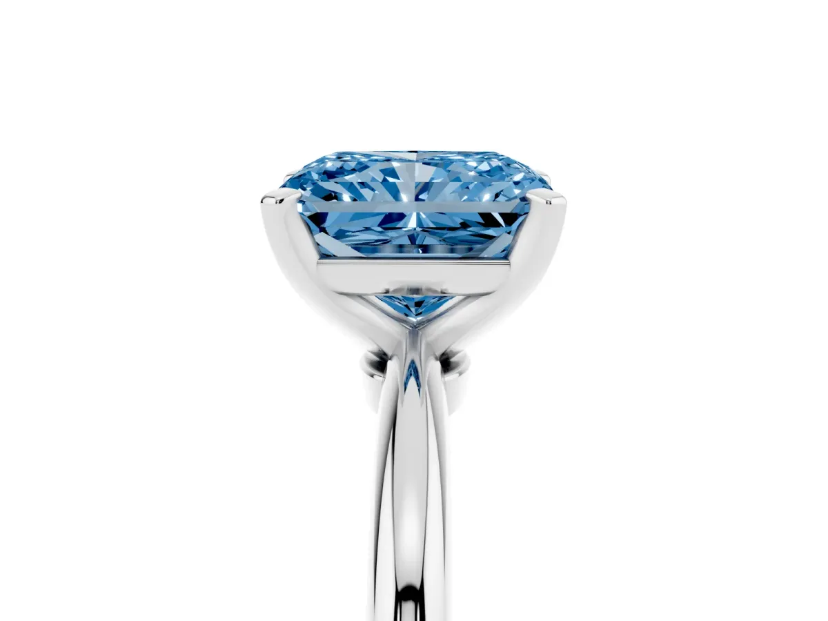 Fancy Blue Radiant Cut Diamond Solitaire Ring with Prong Setting and Classic Band Platinum