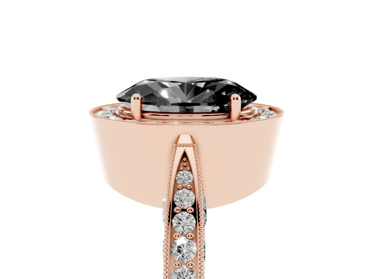 Fancy Black Oval Cut Halo Diamond Engagement Ring with Split Shank Band and Four-Prong Setting Rose gold