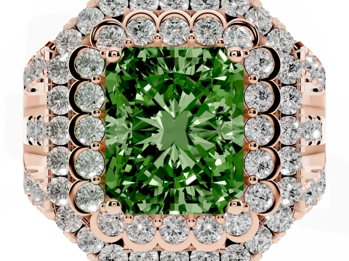 Fancy Green Radiant Cut Diamond Double Halo Ring with Round Pavé Split Shank and Prong Setting Rose gold