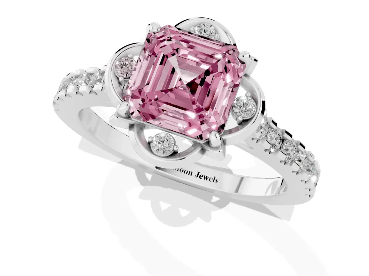 Fancy Pink Asscher Cut Diamond Ring with Pavé Band and Floral Prong Setting Silver