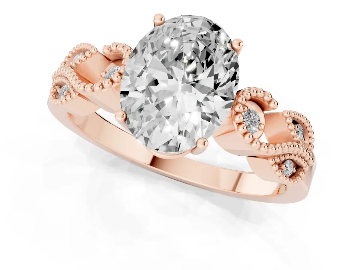 Oval Cut Solitaire Milgrain Leaf Band with Prong Setting Rose gold