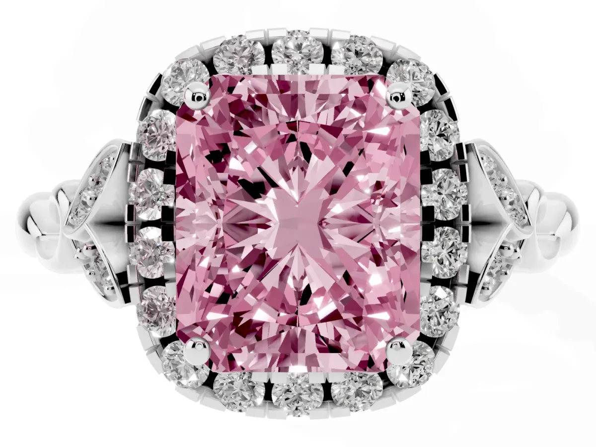Fancy Pink Radiant Cut Halo Diamond Engagement Ring with Vintage-Inspired Band and Four-Prong Setting Platinum