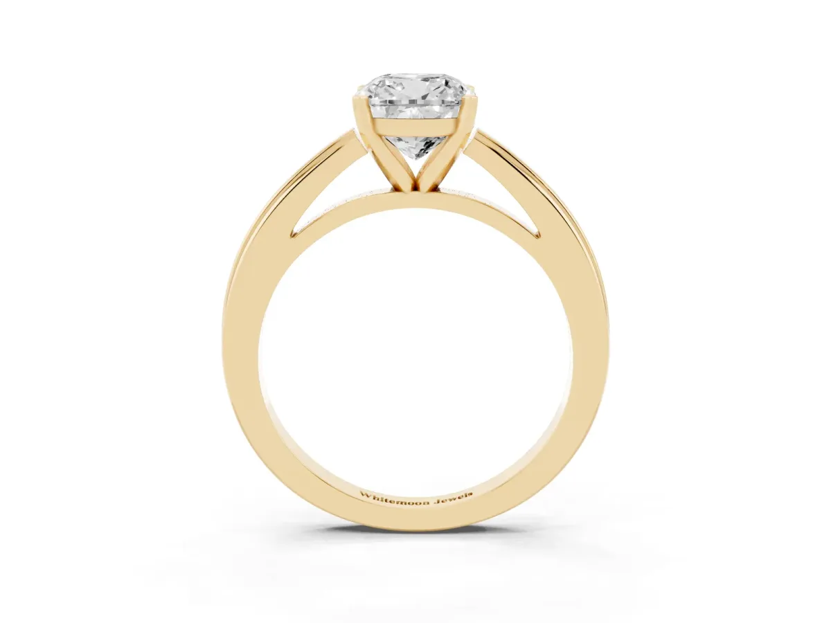 Cushion Cut Solitaire Diamond Ring with Four-Prong Setting and Classic Band Yellow gold