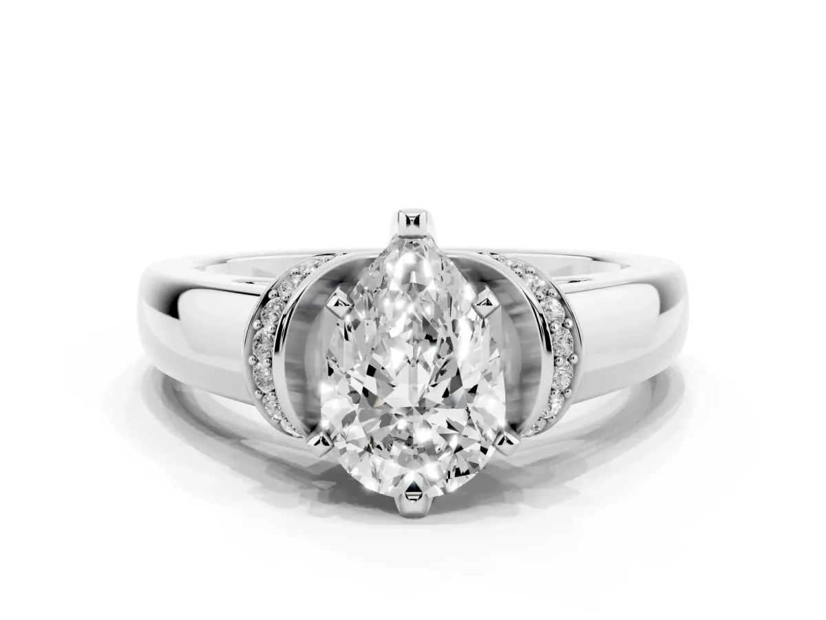 Pear Cut Solitaire Diamond Ring with Pave Band and Six-Prong Setting Silver