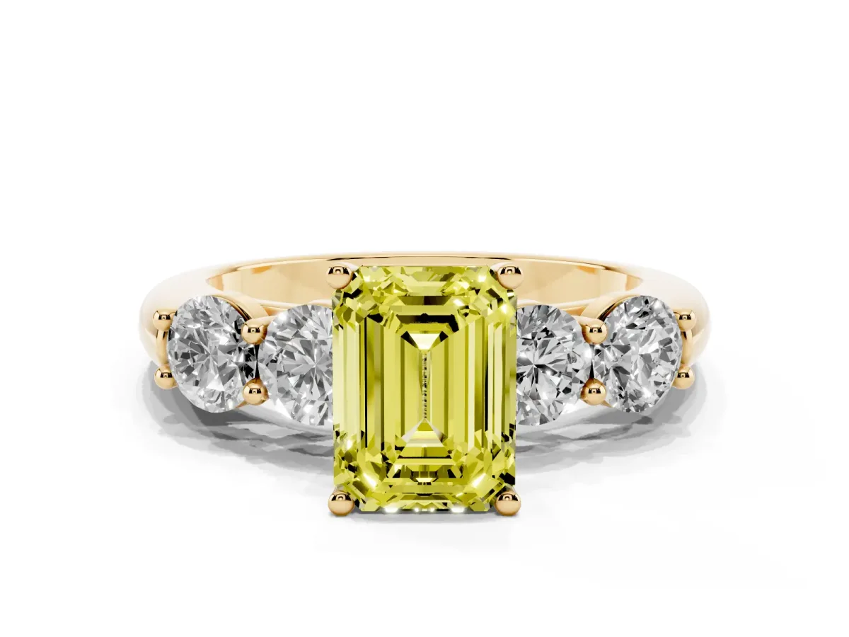 Fancy Yellow Emerald Cut Cut Five-Stone Prong Set Diamond Ring with Classic Band Yellow gold