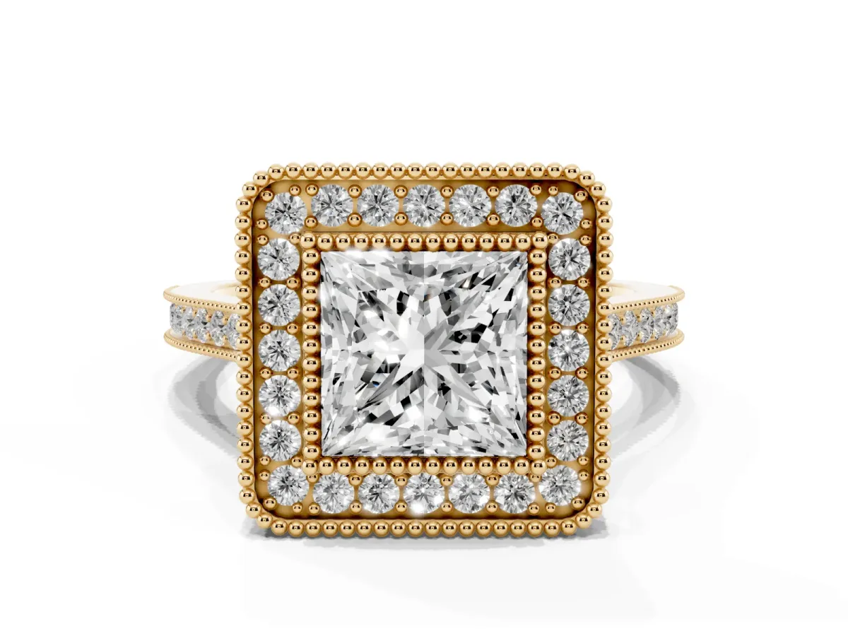 Princess Cut Diamond Halo Ring with Milgrain Frame and Pavé Band Yellow gold