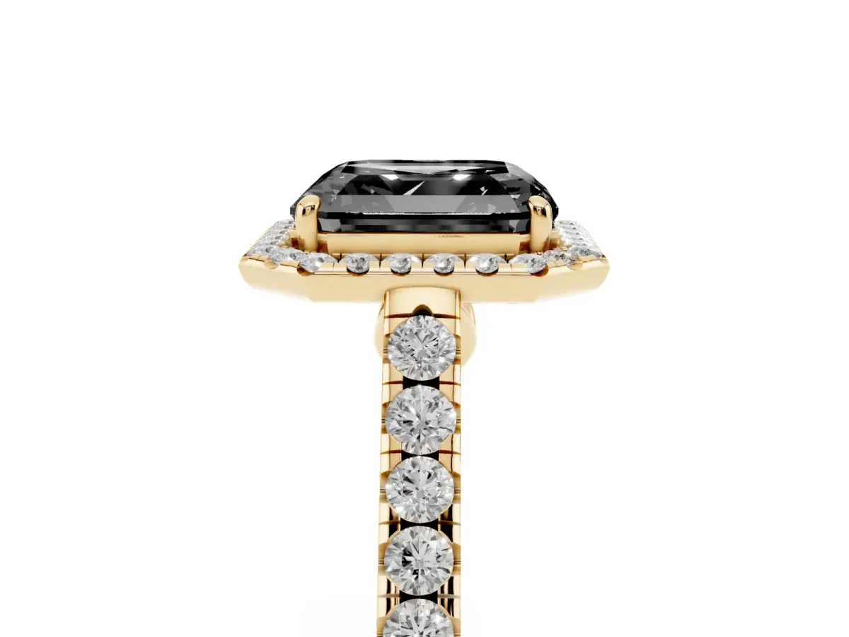 Fancy Black Asscher Cut Halo Pave Diamond Engagement Ring with Four-Prong Setting Yellow gold