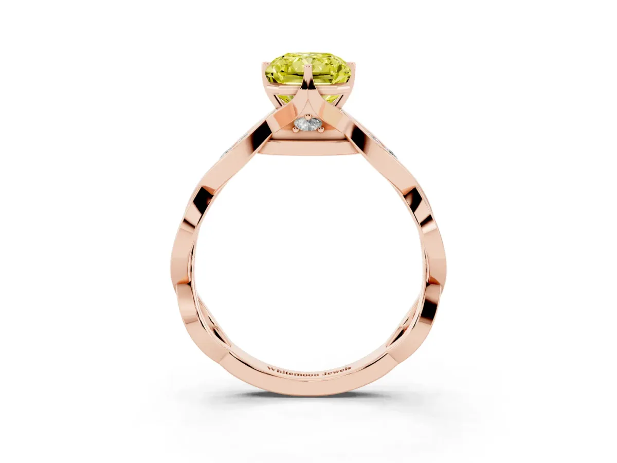 Fancy Yellow Radiant Cut Solitaire Twist Band with Leaf Prong Setting Rose gold
