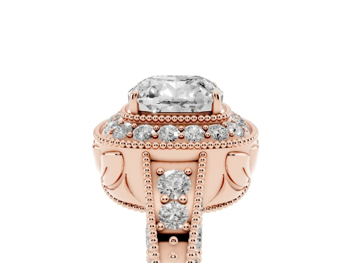 Cushion Cut Halo Diamond Split Shank Ring with Milgrain Detail Rose gold