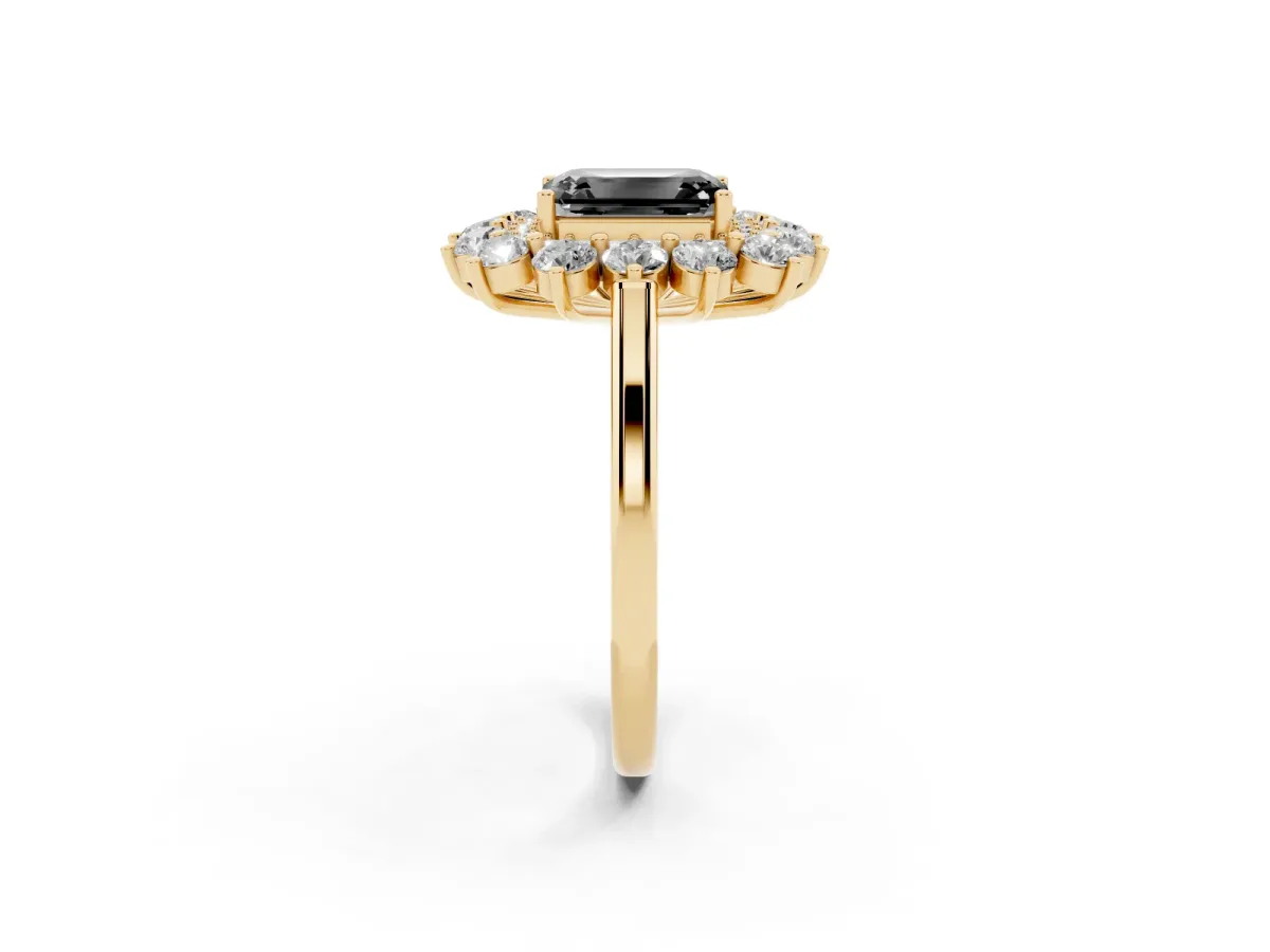 Fancy Black Emerald Cut Diamond Floral Double Halo Engagement Ring with Prong Setting Yellow gold