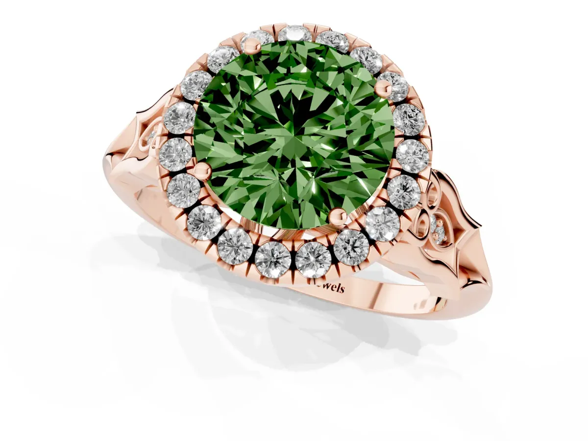 Fancy Green Round Cut Halo Diamond Engagement Ring with Filigree Band and Four-Prong Setting Rose gold