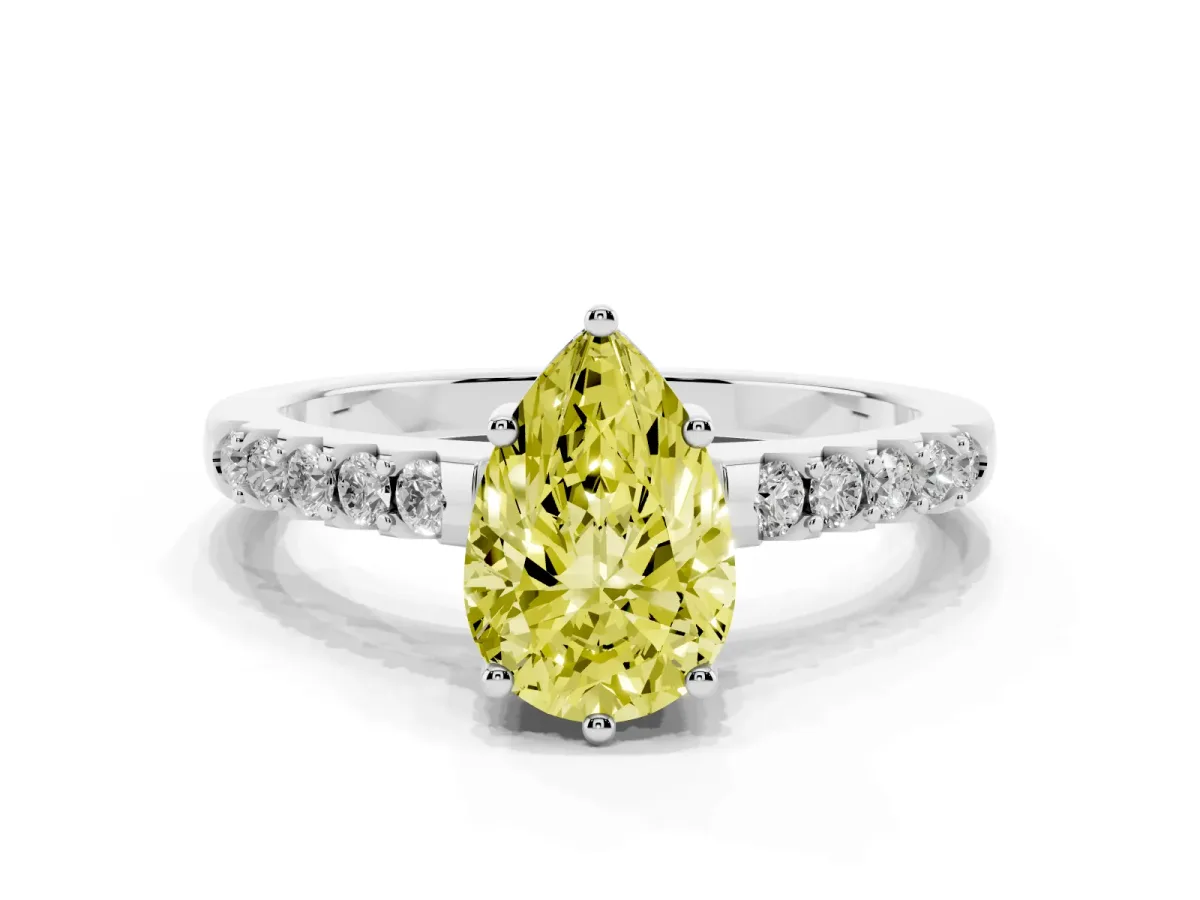 Fancy Yellow Pear Cut Solitaire Diamond Engagement Ring with Pavé Band and Six-Prong Setting White gold