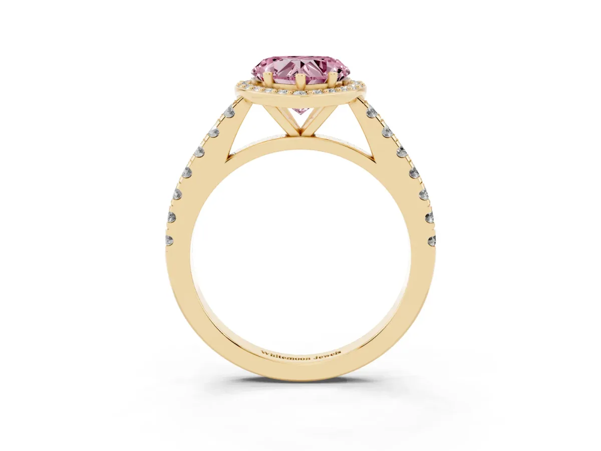 Fancy Pink Heart Cut Cut Halo Diamond Engagement Ring with Pave Band and Four-Prong Setting Yellow gold