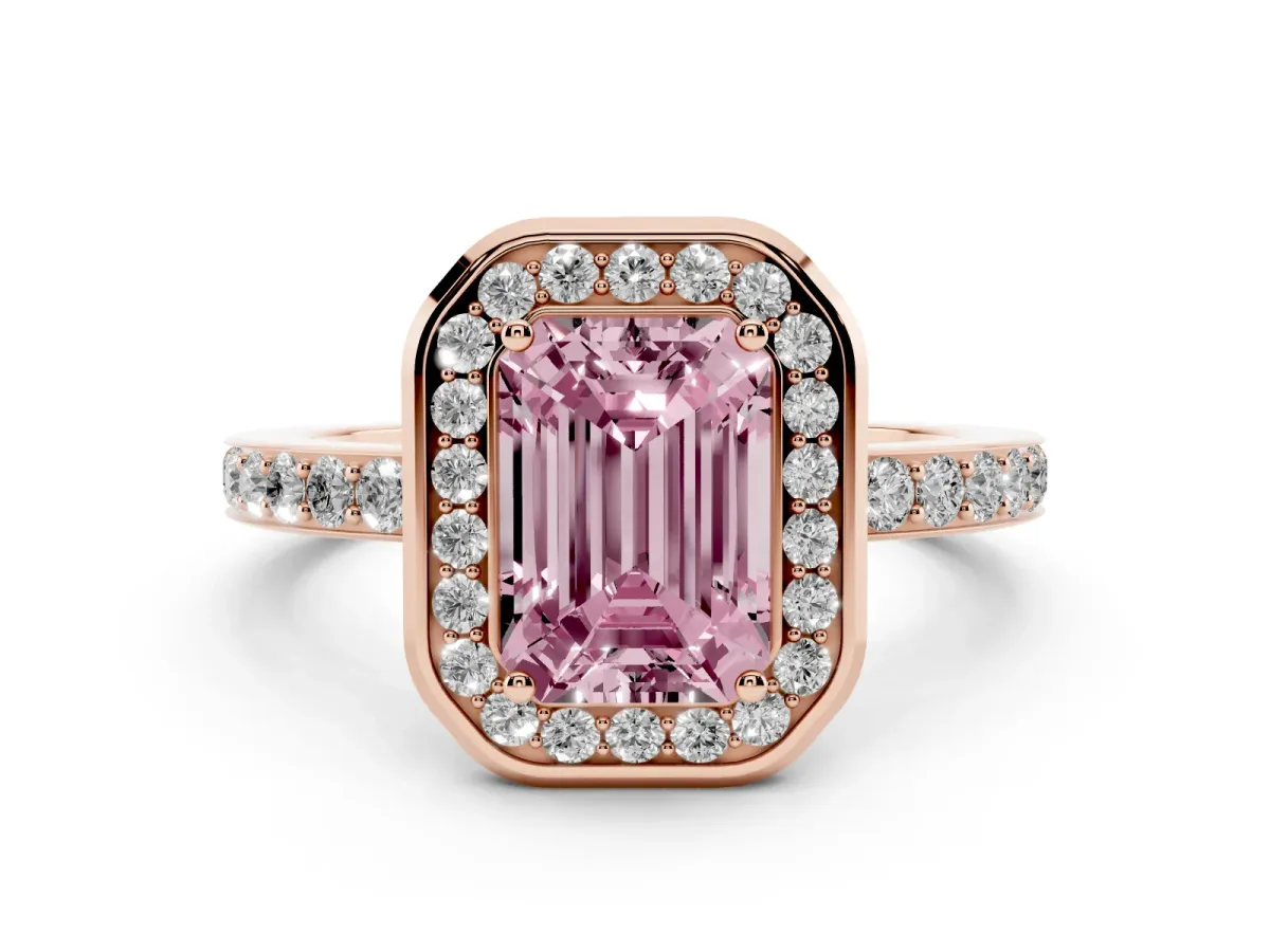 Fancy Pink Emerald Cut Diamond Halo Ring with Bezel Frame and Pavé Band Rose gold