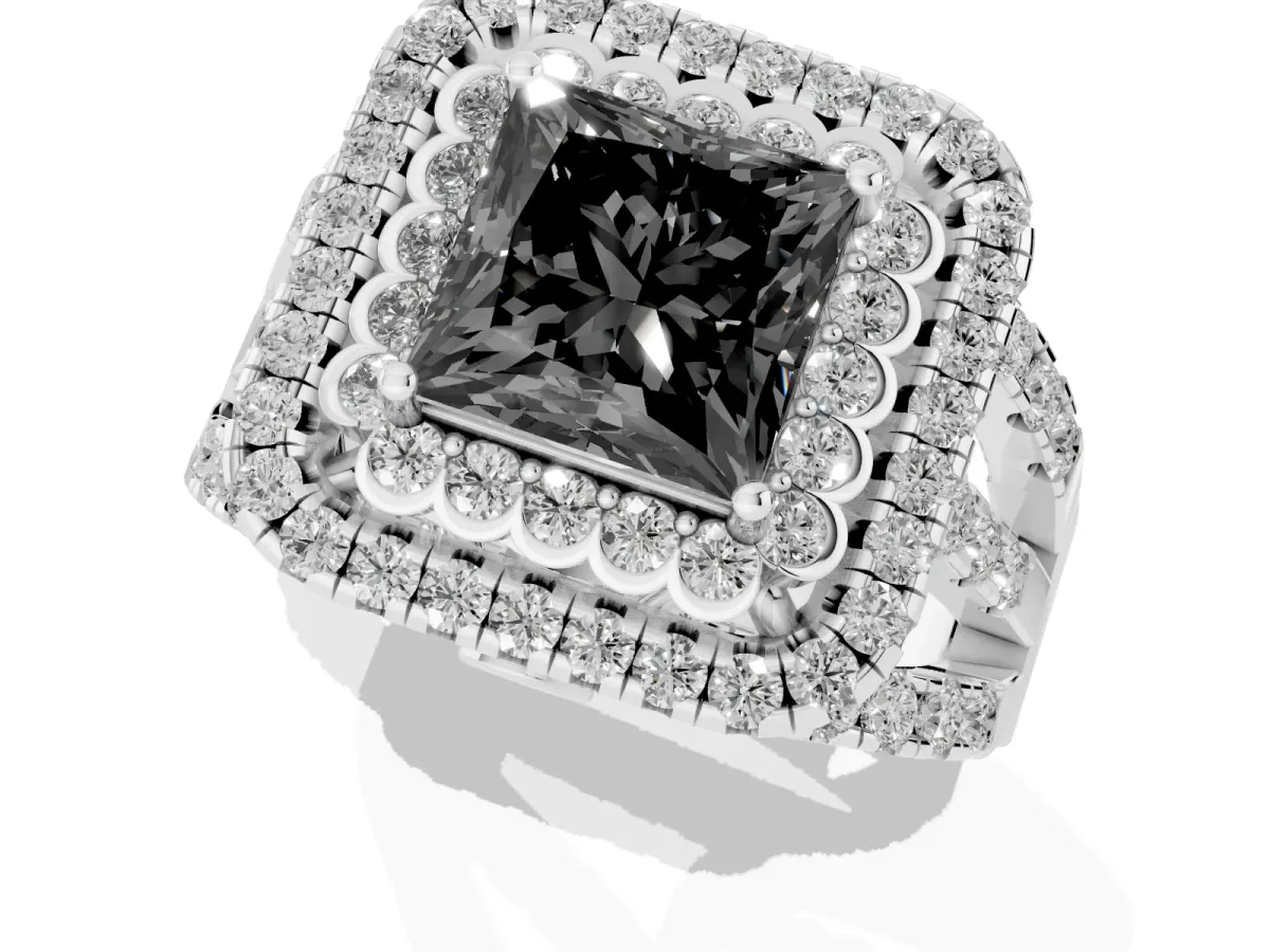 Fancy Black Princess Cut Diamond Double Halo Ring with Round Pavé Split Shank and Prong Setting Silver