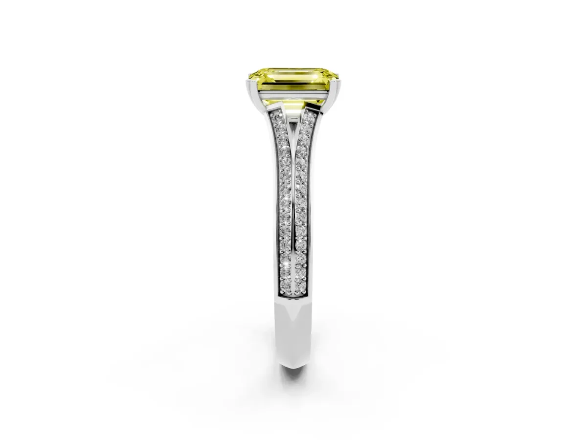 Fancy Yellow Emerald Cut Diamond Split Shank Engagement Ring with Pavé Band Silver