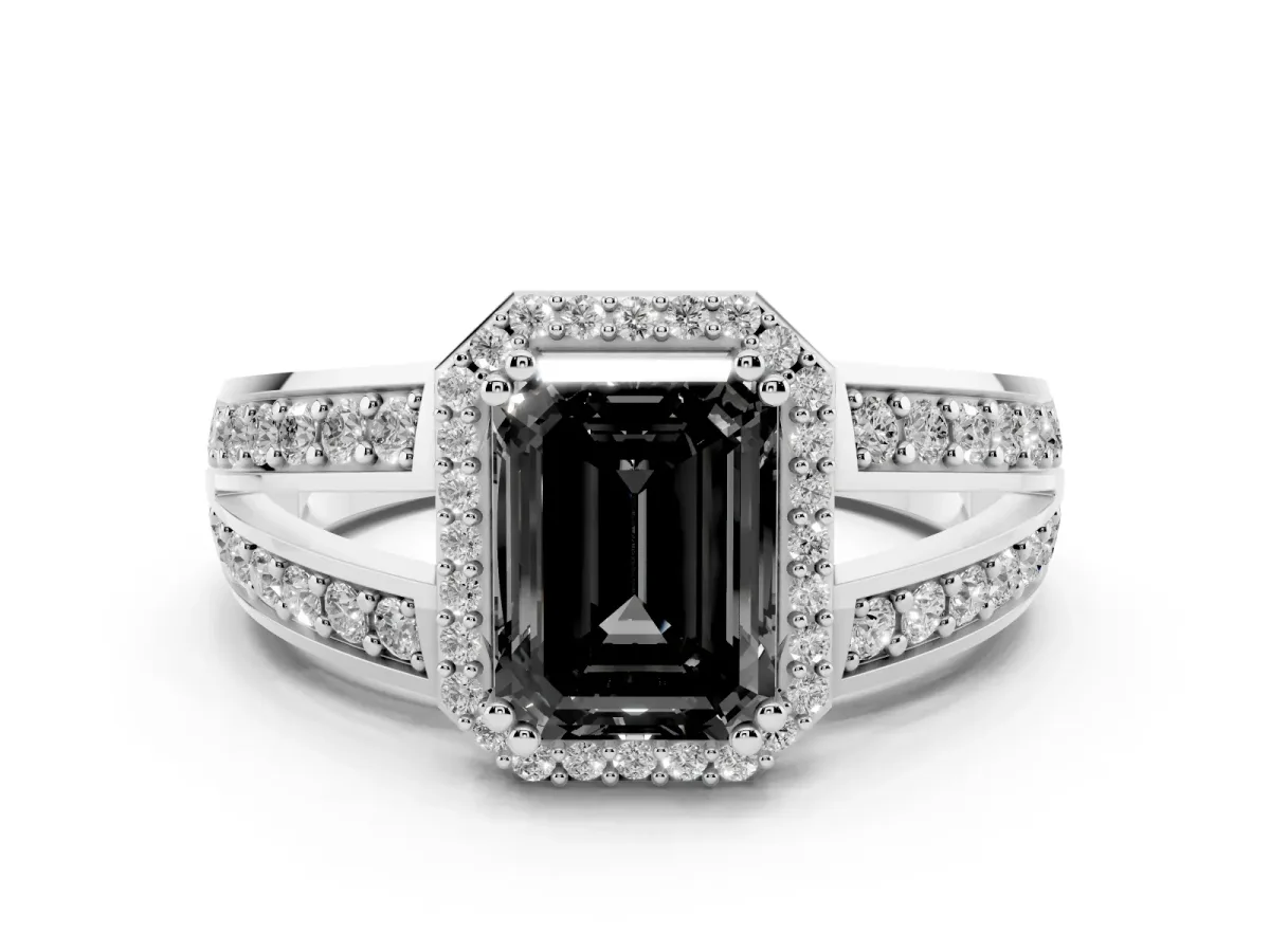 Fancy Black Emerald Cut Diamond Halo Ring with Split Shank Pavé Band and Four-Prong Setting White gold
