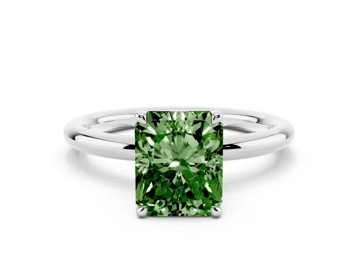 Fancy Green Radiant Cut Diamond Solitaire Ring with Thin Band and Four-Prong Setting Platinum