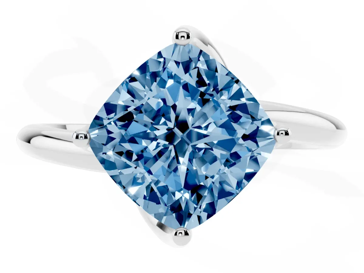Fancy Blue Cushion Cut Diamond Solitaire Engagement Ring with Four-Prong Setting and Classic Band Silver