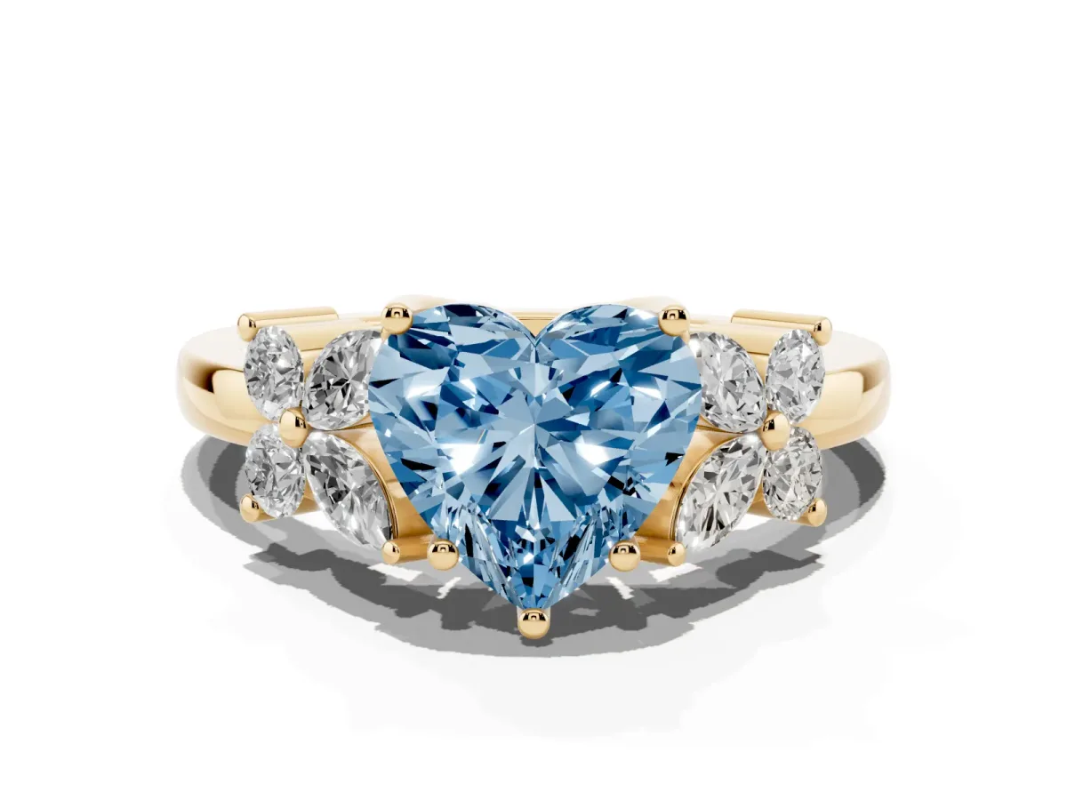 Fancy Blue Heart Cut Diamond Floral Cluster Ring with Solitaire Band and Prong Setting Yellow gold