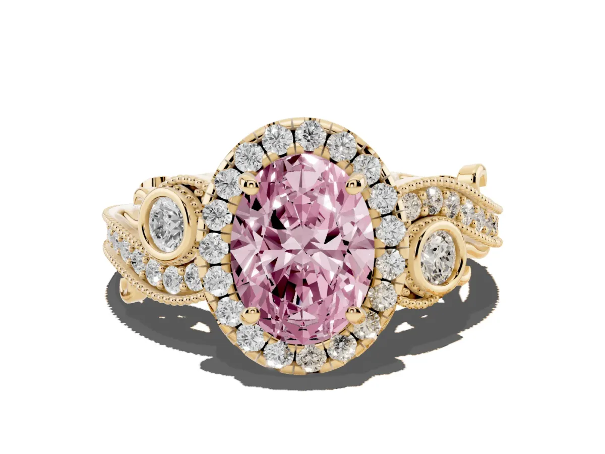 Fancy Pink Oval Cut Diamond Halo Ring with Milgrain Pavé Band and Four-Prong Setting Yellow gold