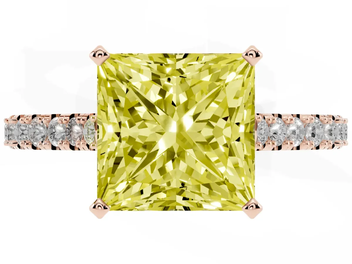 Fancy Yellow Princess Cut Cut Solitaire Diamond Engagement Ring with Pave Band and Four-Prong Setting Rose gold