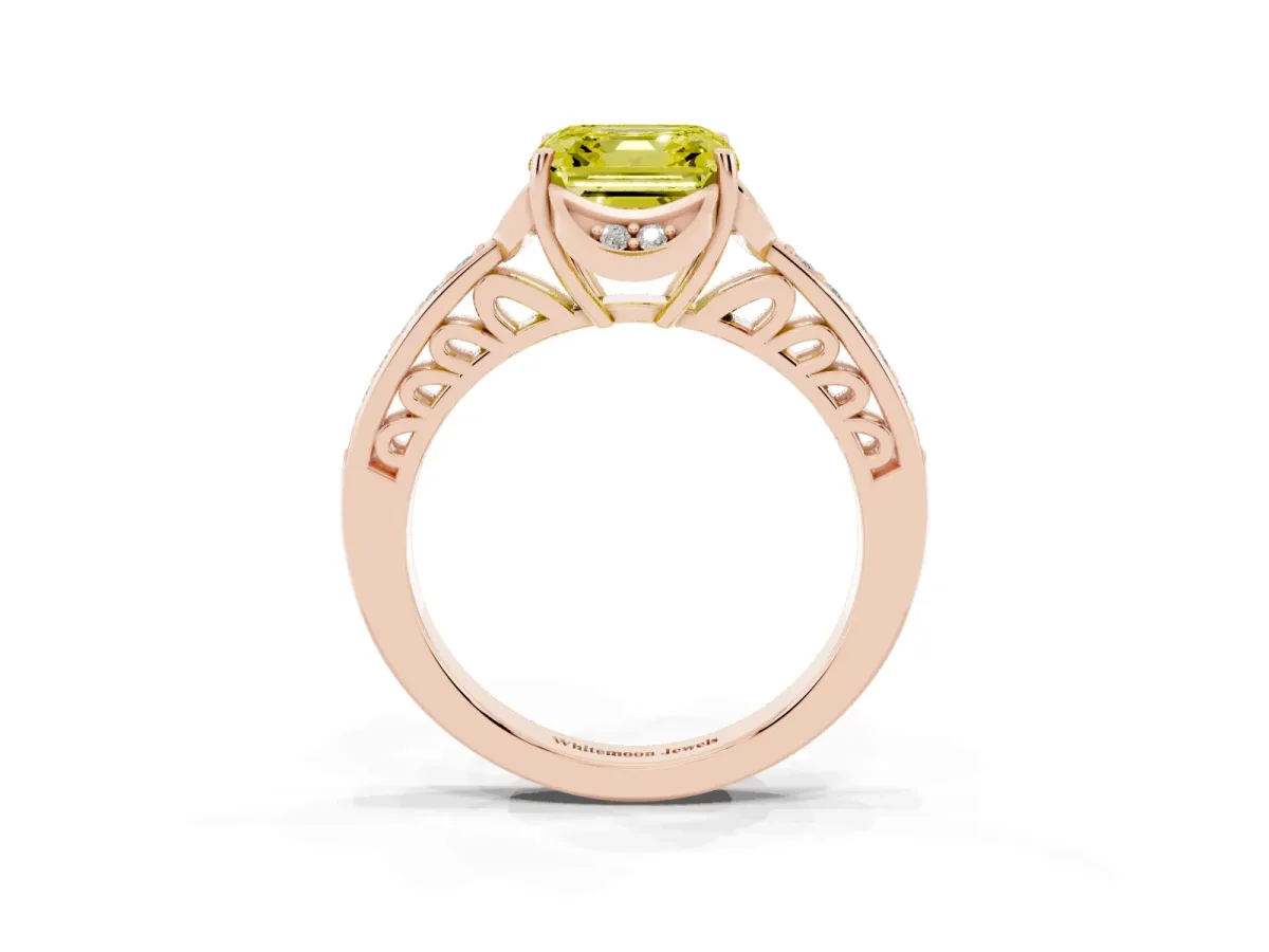 Fancy Yellow Asscher Cut Cut Halo Diamond Ring with Channel Set Band and Four-Prong Setting Rose gold