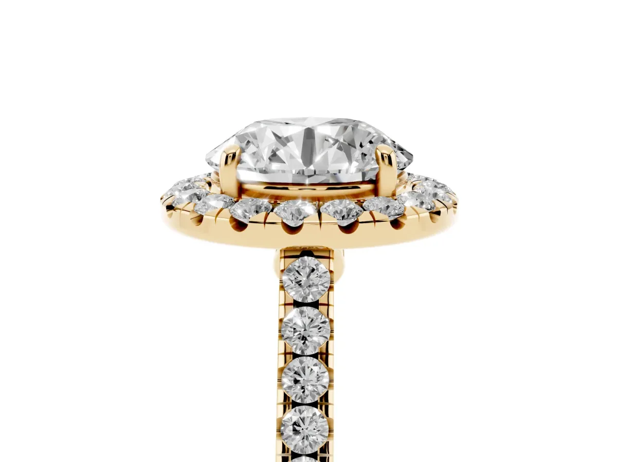 Round Cut Halo Pave Diamond Engagement Ring with Four-Prong Setting Yellow gold