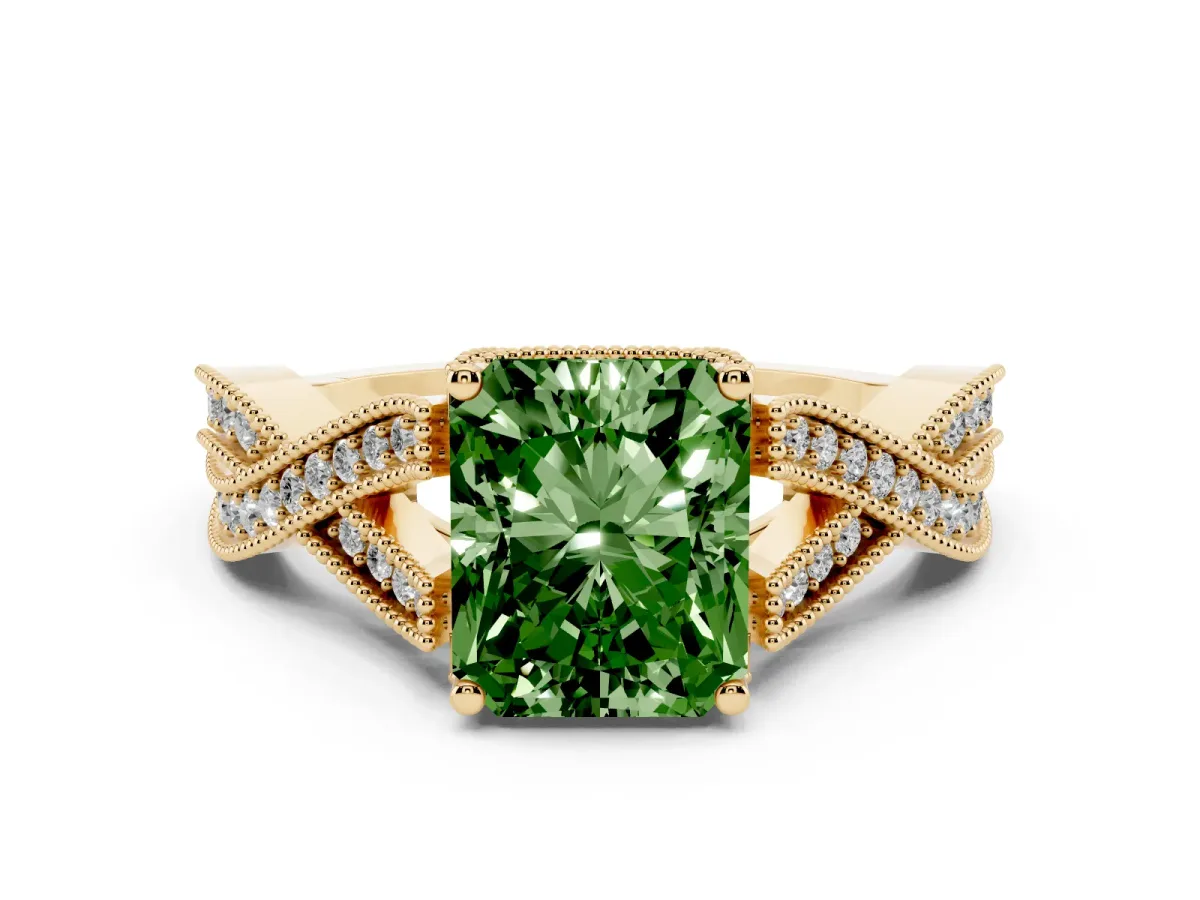 Fancy Green Radiant Cut Cut Diamond Twisted Band with Milgrain Pave Setting and Four-Prong Setting Yellow gold