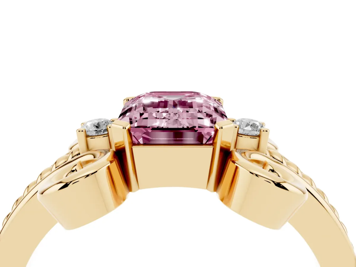 Fancy Pink Emerald Cut Solitaire Twisted Band Scroll Prong Ring Yellow gold