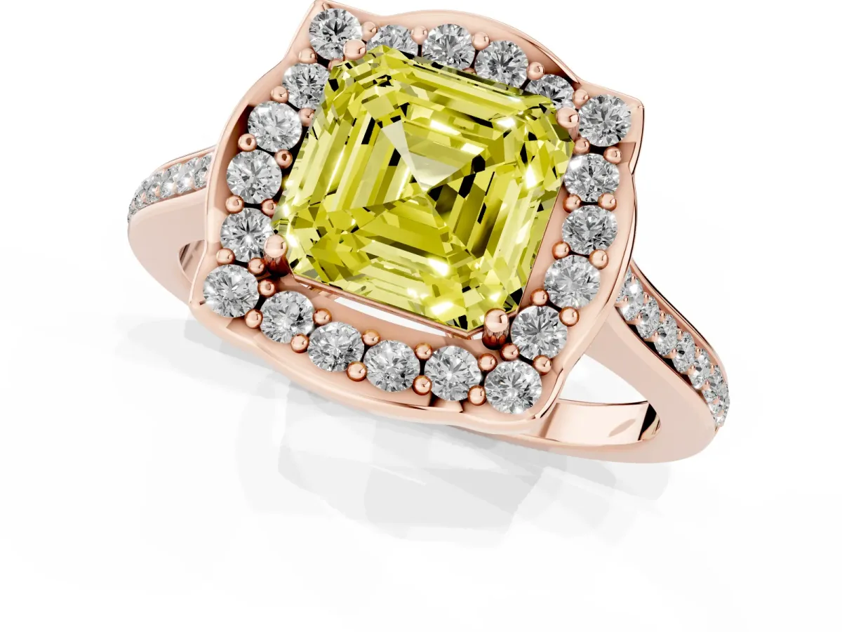 Fancy Yellow Asscher Cut Halo Round Diamond Pave Band with Four-Prong Setting Rose gold