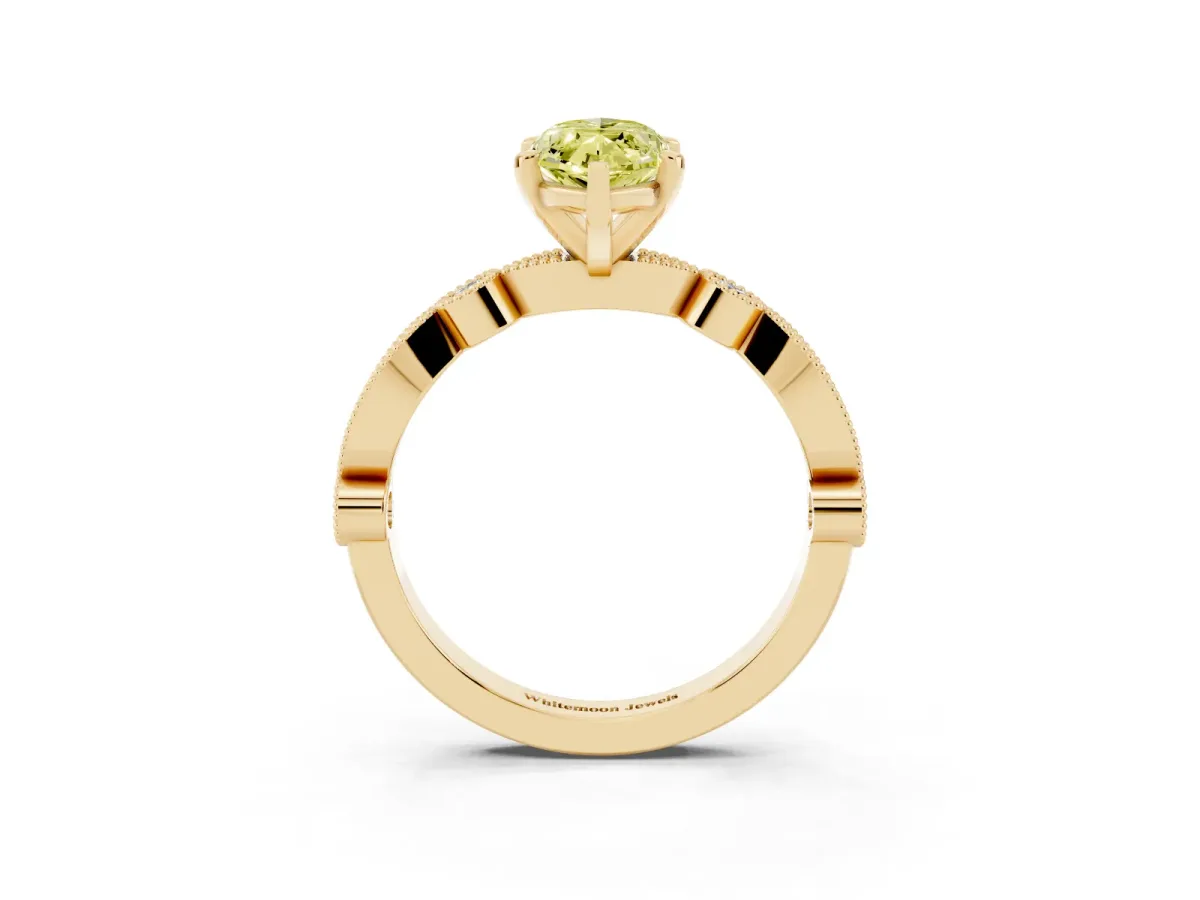 Fancy Yellow Marquise Cut Milgrain Bezel Diamond Engagement Ring with Solitaire Prong Setting Yellow gold