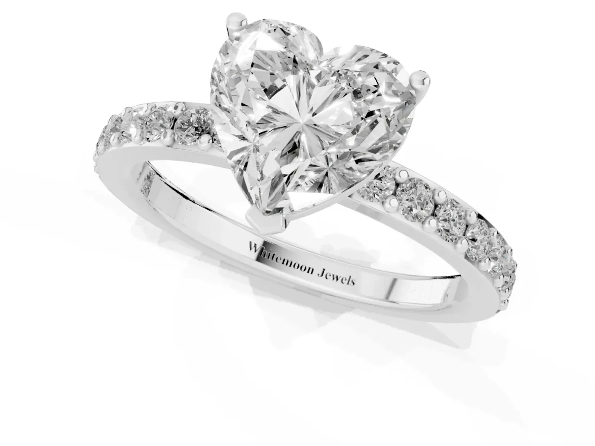 Heart Cut Cut Diamond Solitaire with Pave Band and Four-Prong Setting Silver