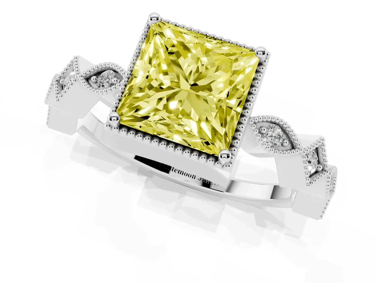 Fancy Yellow Princess Cut Milgrain Marquise Diamond Twist Band Ring Silver