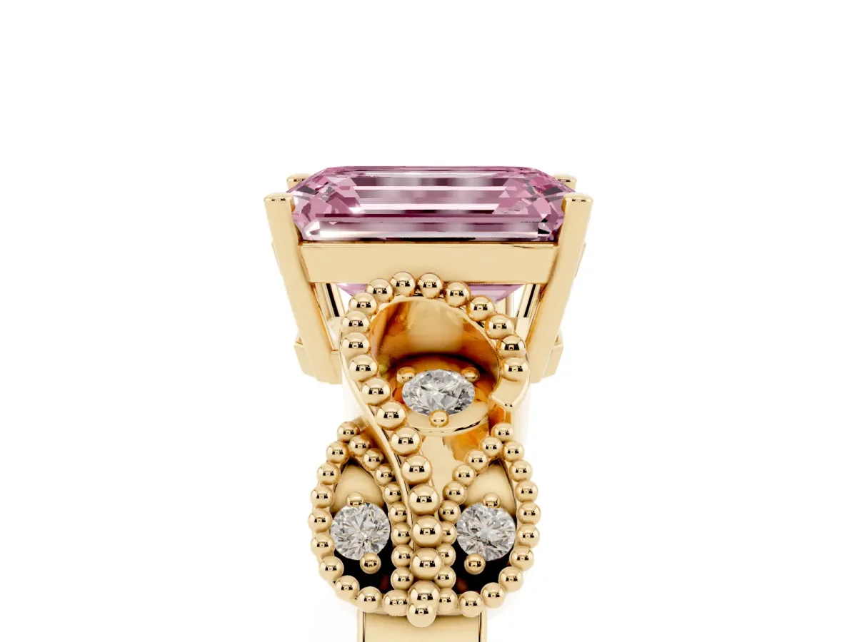 Fancy Pink Emerald Cut Solitaire Milgrain Leaf Band with Prong Setting Yellow gold